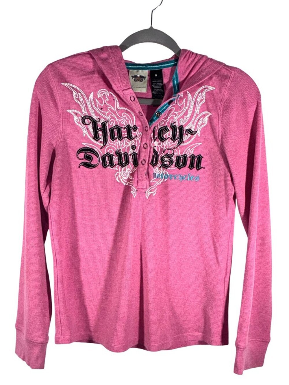 Harley-Davidson vintage 2011 Pink waffle knit Hooded Long Sleeve Top Embroidered